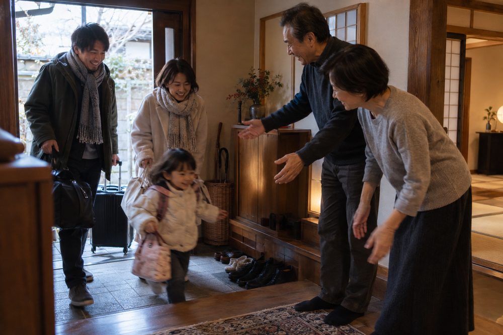 玄関で孫を迎える夫婦